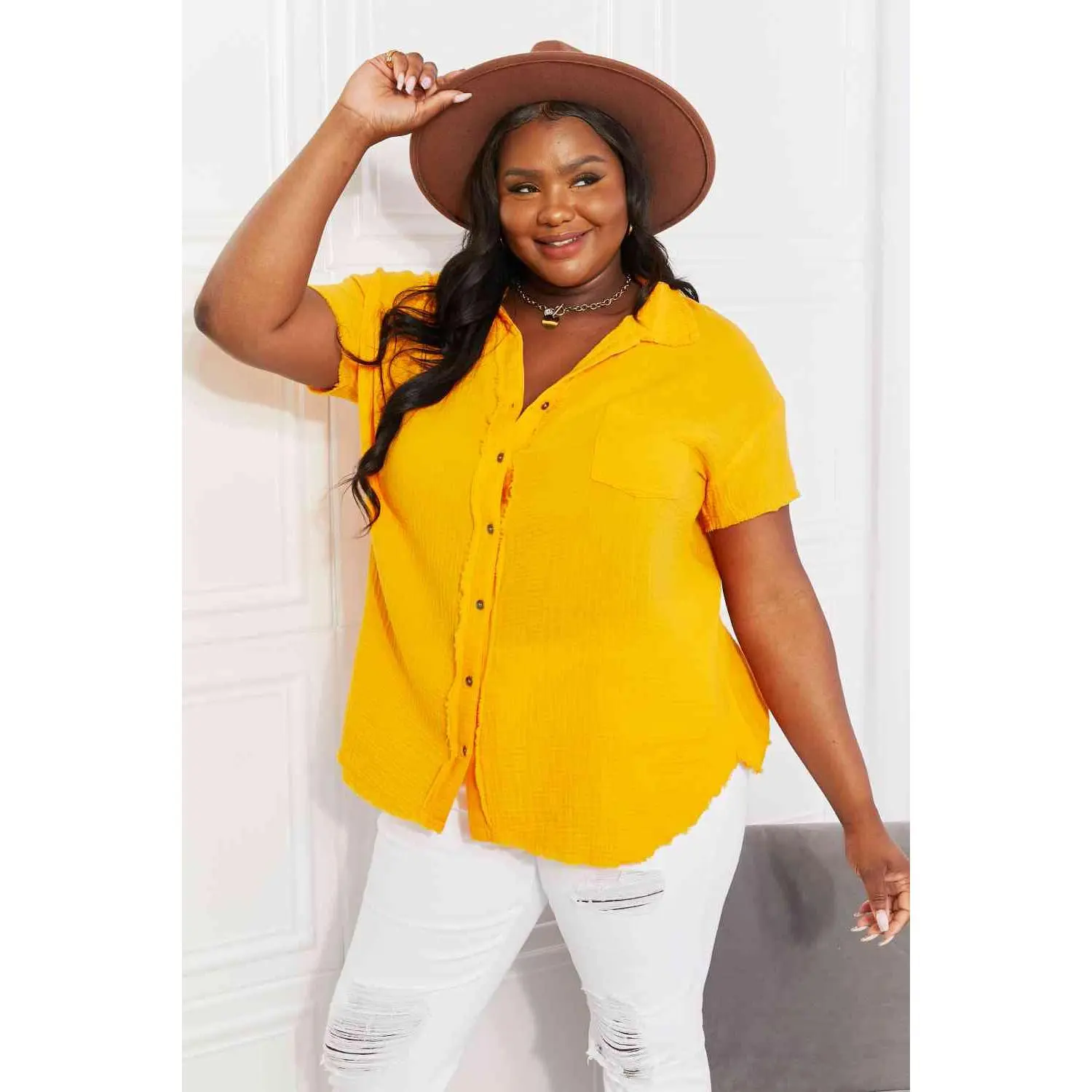 Zenana Full Size Summer Breeze Gauze Short Sleeve Shirt in Mustard