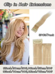 Set of 5 Straight Clip-In Hair Extensions, Genuine Human Hair, 2 Clips, Natural Look, Easy to Use, Ideal for Weddings and Parties