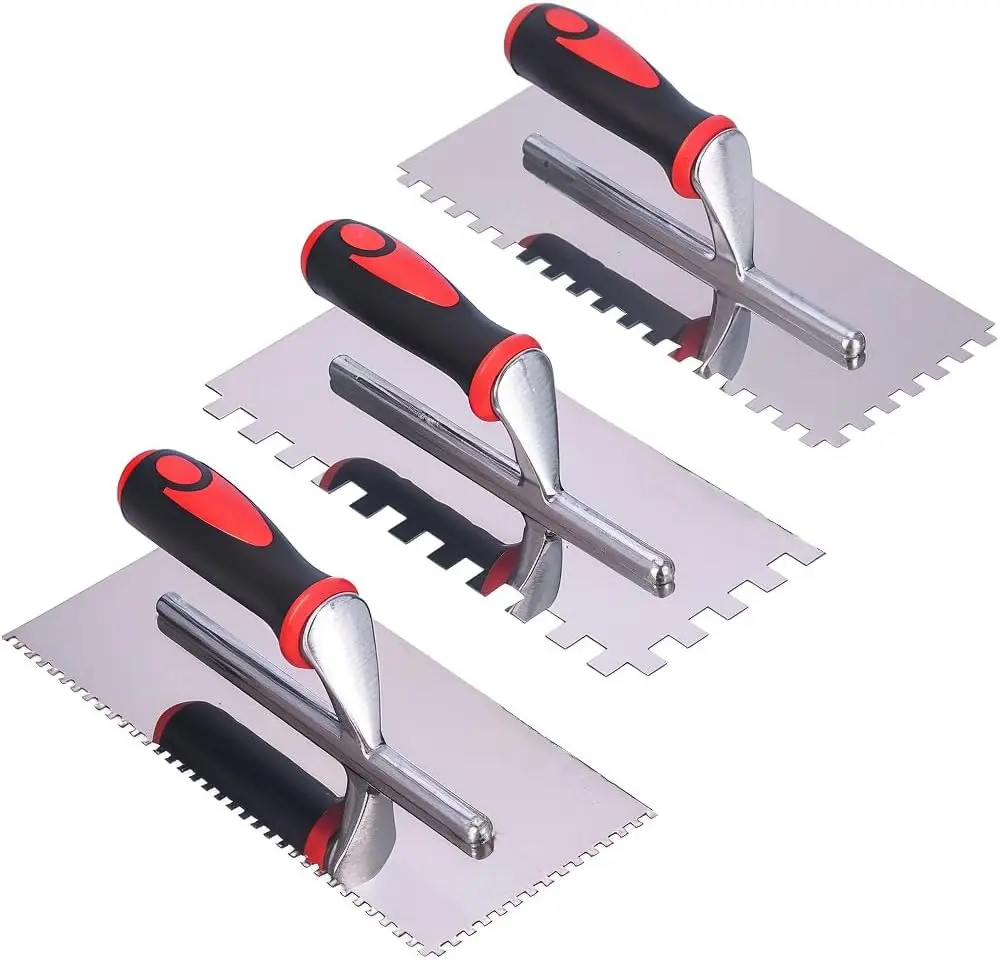 Stainless Steel 3 Square Notched Trowel Set (11" x 4") - Cast Reinforcement, 5/32", 5/16", 1/2" Notch Sizes, Extended Shank, Fewer Voids, Long-Lasting Tile Installation Masonry Hand Tool