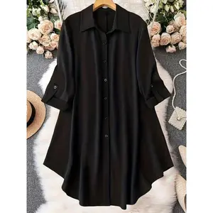Plus Solid Long Sleeve Button Front Shirt, Casual Collared Button Up Top for Spring & Fall, Women's Clothes for Daily Wear,?National Day Clothing