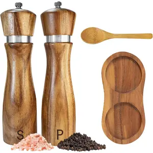 Wooden Salt and Pepper Grinder Set Manual Pepper Grinder Adjustable Coarseness Acacia Wood with Ceramic Stainless Steel Core With Salt Pepper Mill Tray Spoon 8in 2pack