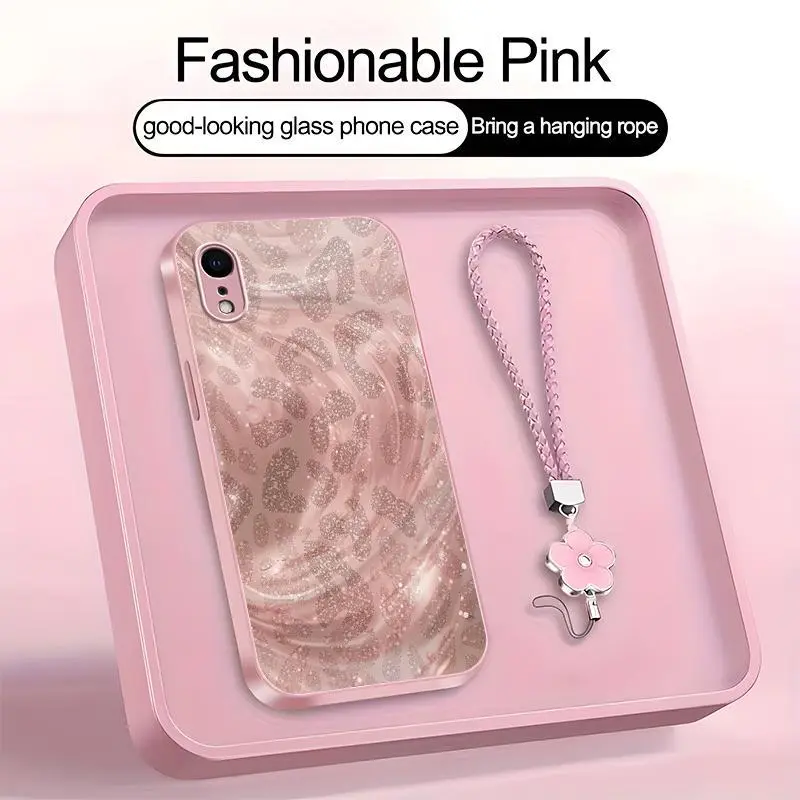 Luxury Pink Glitter Leopard Smartphone Case, Rose Gold Swirl Aesthetic Glass Cover with Lanyard for iPhone XR, Handheld Cellphone Protection Accessory for Devices -975