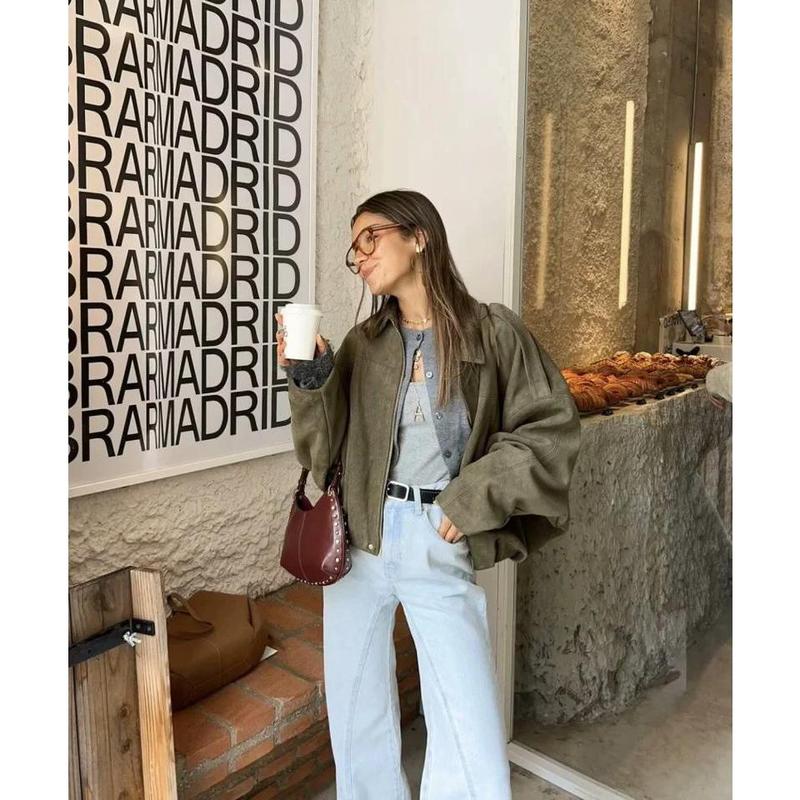 2026 Spring New Women's Suede Texture Effect Loose Fit Fashion Lapel Shoulder Bomber Jacket in Olive Brown & Burgundy