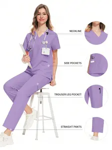 Elastic Scrub Set Operating Room Surgical Uniform Dental Veterinary Work Uniforms V-neck Short Sleeved Tops Pants Suit Wholesale