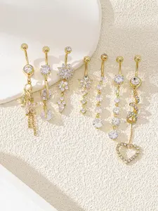 Women's Elegant Rhinestone & Flower & Heart Decor Belly Rings, Exquisite Trendy Belly Piercing Jewelry, Chic Body Jewelry for Party & Daily Decor, Sparkling Zircon Inlay