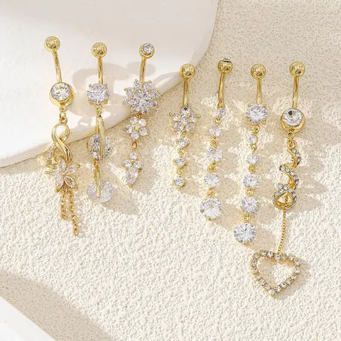 Women's Elegant Rhinestone Flower and Heart Belly Rings, Exquisite Trendy Belly-Piercing Jewelry for Party and Everyday Wear, Fashion Body Jewelry, Body Jewellery