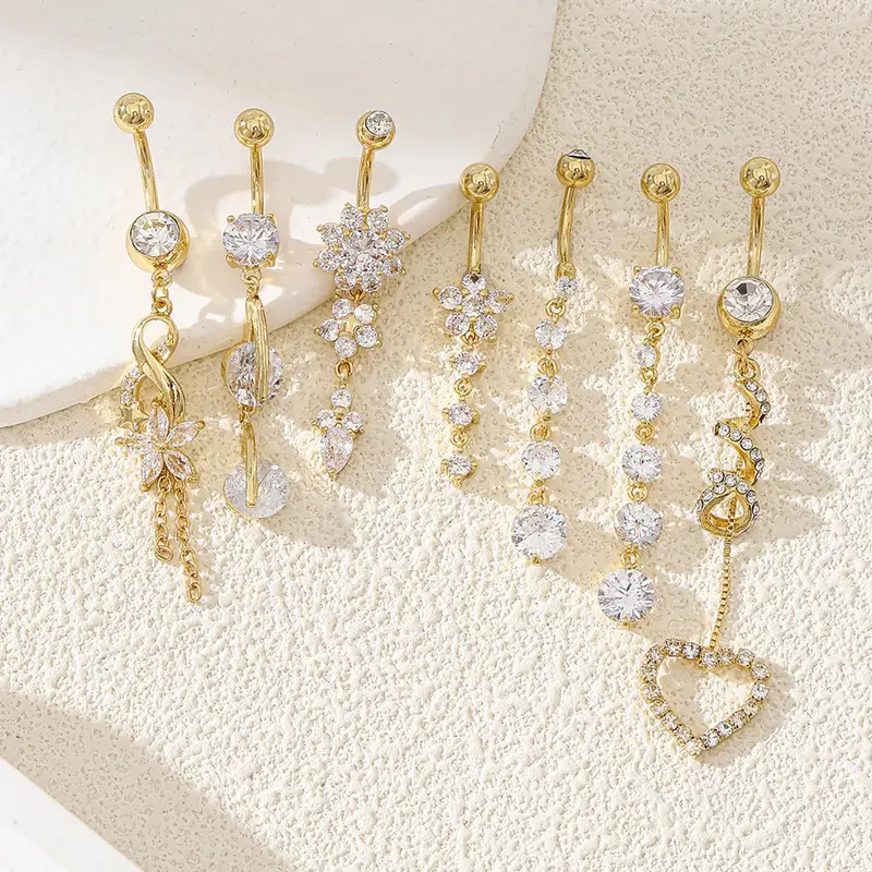 Women's Elegant Rhinestone Flower and Heart Belly Rings, Exquisite Trendy Belly-Piercing Jewelry for Party and Everyday Wear, Fashion Body Jewelry, Body Jewellery
