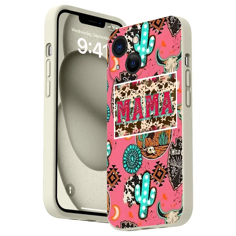 Straight Edge Western Creative MaMa Pattern Phone Case for iPhone 16 15 14 Pro Max 13 12 11 XR XS Plus Shockproof Non Slip Military-Grade Protective Silicone Cover Cellphone Protective