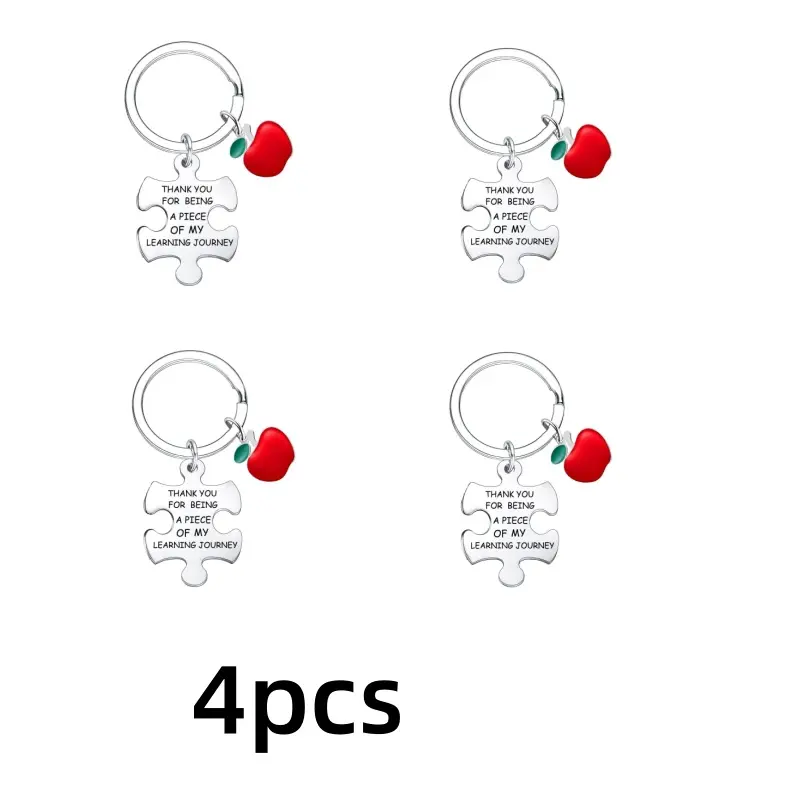 Fashion Stainless Steel Keychain 4-Piece Set with Apple Pendants, Graduation Gifts for Teachers and Classmates