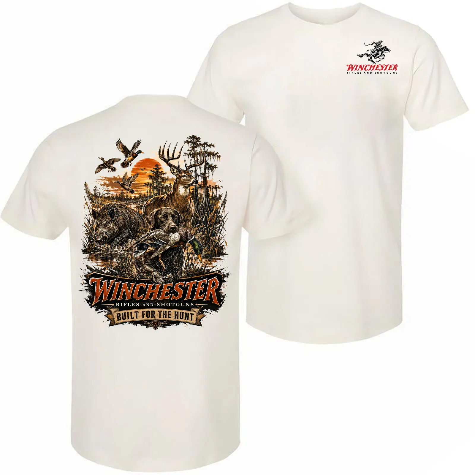 Winchester Men's Hunting Top - Short-Sleeve Round Neck Casual Menswear Tee with Deer, Duck, Boar & Hunting Dog Front-Back Graphics, Vintage Southern Outdoors Gift, Tops, Shortsleeve
