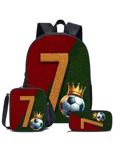 3pcs Football Player Themed Large Capacity Backpack Set, Including Large Capacity Casual Backpack, Lunch Bag And Small Bag, Suitable for Travel And Outdoor Activities, Perfect Gift for Football Fans