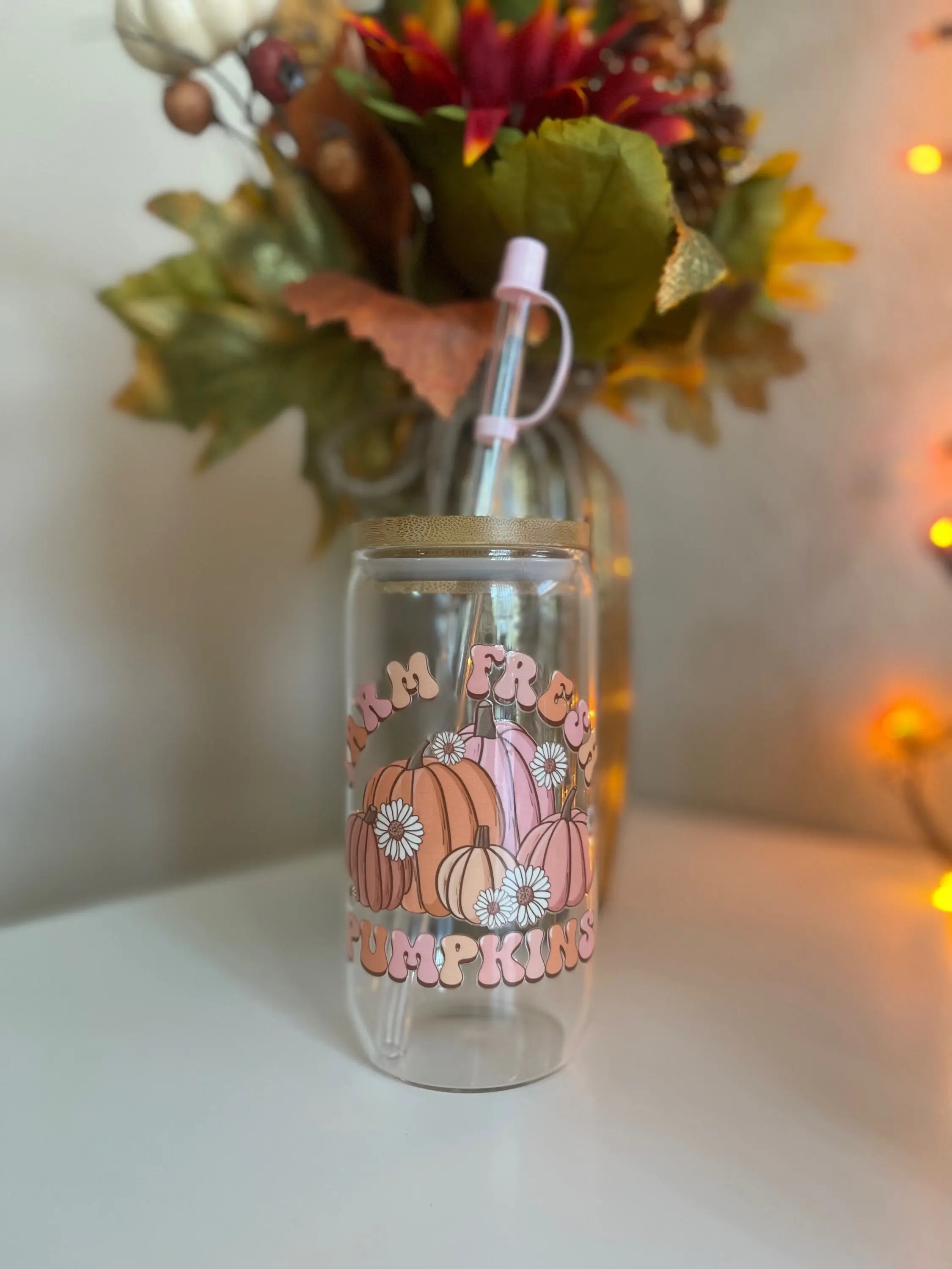 16oz Glass Cup with Farm Fresh Pumpkins Design and Bamboo Lid - Dishwasher Safe Drinkware