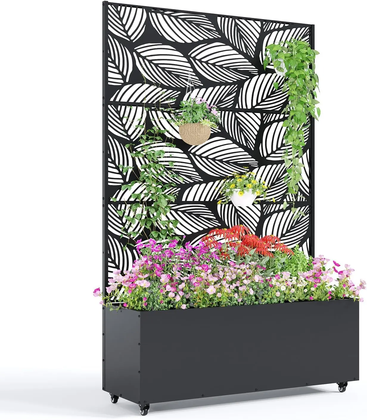 GAOMON 2-in-1 Galvanized Steel Modern Metal Planter Box with Trellis & Wheels, 71"x47"x16" Raised Garden Bed for Vines & Vegetables, 15.7" Deep Bed with Drainage Holes for Effortless Movement in Backyards, Balconies