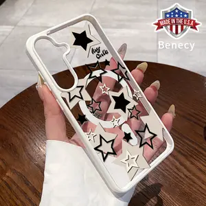 Magnetic Phone Case Supports Wireless Charging Case Compatible with Galaxy S23  Ultra S24 Plus FE S25 S22+ Cute Stars Pattern Non-Yellowing Shockproof Clear Slim Protective Softcase Transparent Acrylic Cover