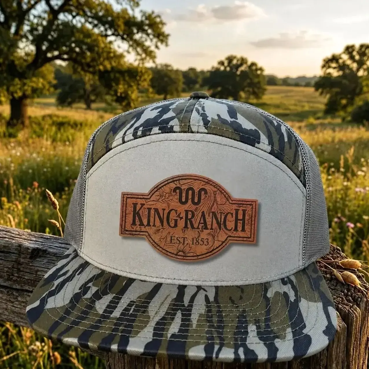 Vintage King Ranch Leather Patch Trucker Hat, Old School Bottomland 7 Panel Snapback Cap, Western Hunting Mesh Hat and Adjustable Fit for Men and Women