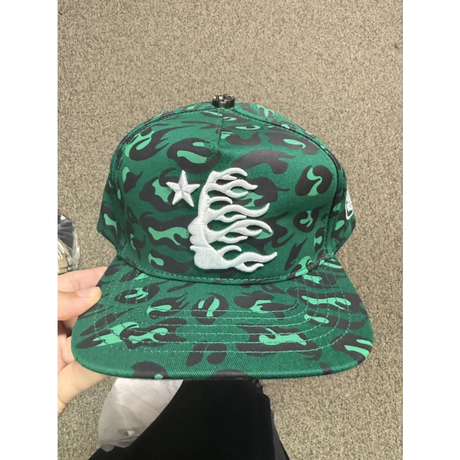 Hellstar Green Camo Baseball Cap with White Flame Design and Star Accent