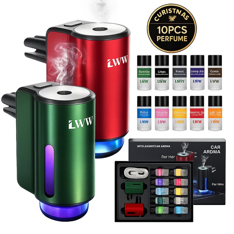 LWW Smart Car Air Freshener Diffuser 3-in-1 USB Powered Rechargeable with LED 3-Level Intensity Control & 10 x 10ml French Oils for Enhanced Woody Fruity Aromatic Scent