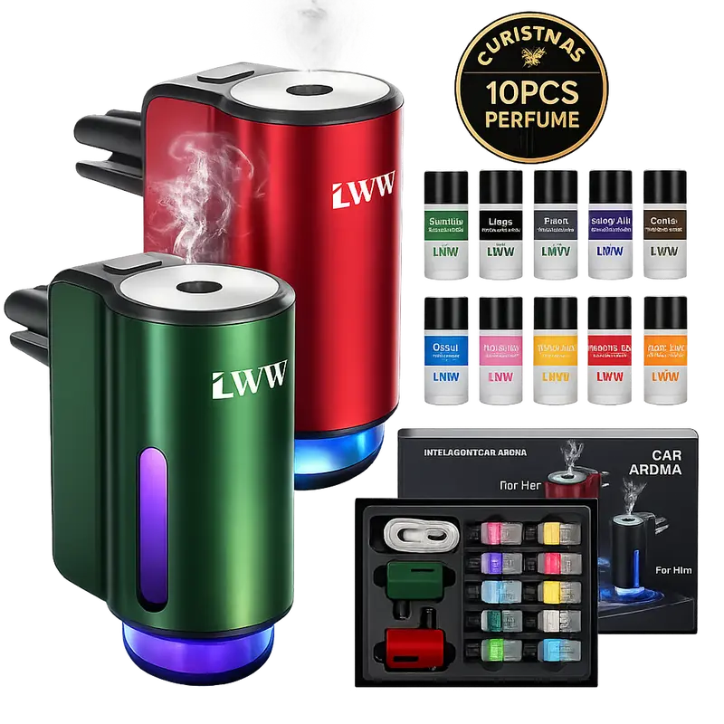 LWW Smart Car Air Freshener Diffuser 3-in-1 USB Powered Rechargeable with LED 3-Level Intensity Control & 10 x 10ml French Oils for Enhanced Woody Fruity Aromatic Scent
