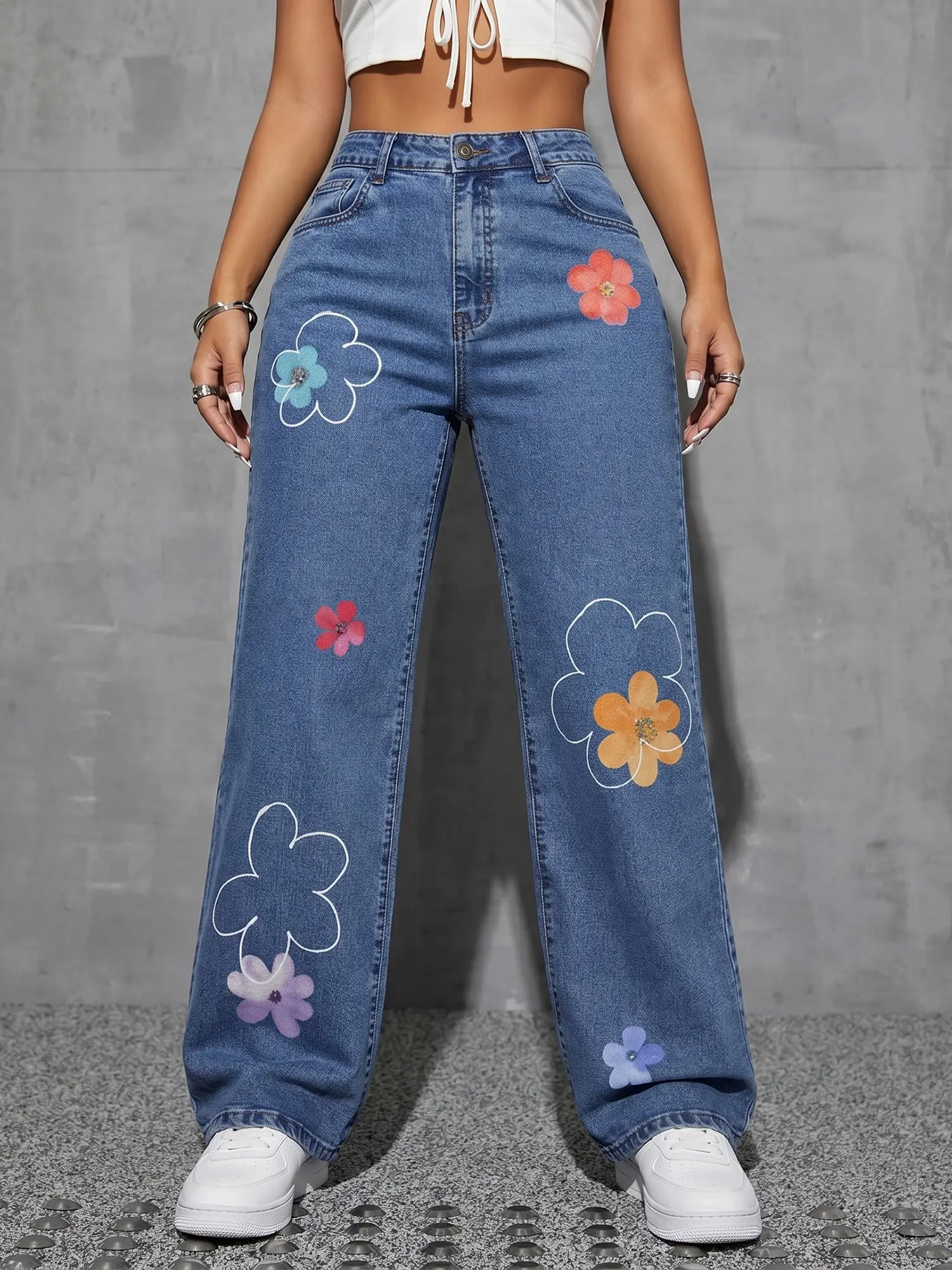 Jr Jeanius Wear Women's High Waist High Stretch Light Wash Vintage Blue Denim Jeans - Button Fly Y2K Boho, Slim Fit Stacked Wide Leg, Seam Pockets, Floral Graphics, Push Up Soft Lightweight Oversized Cotton Breathable Streetwear Casual Bottoms