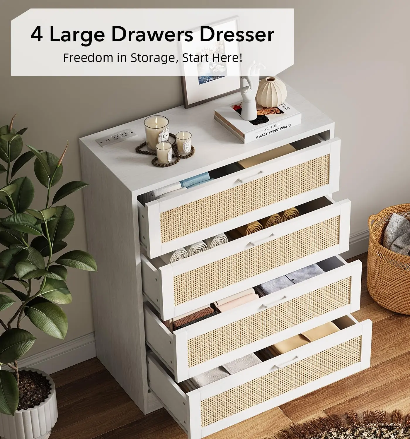 White Tall Rattan-Wooden 4-Drawer Makeup Vanity Storage Cabinet, Storage Furniture with Sturdy Frame, Smooth Sliders, Wide Top Surface, Easy Setup, Natural Look Modern Design for Bedroom, Living Room