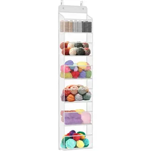Door Hanging Yarn Storage Organizer, Knitting & Crochet Organizer with 6 Clear Plastic Pockets & 2 Big Metal Hooks for Knitting , Crochet Hooks, Yarn Balls