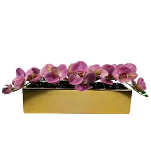 16" Gold Rectangle Vase with Pink Orchids - Home Decor