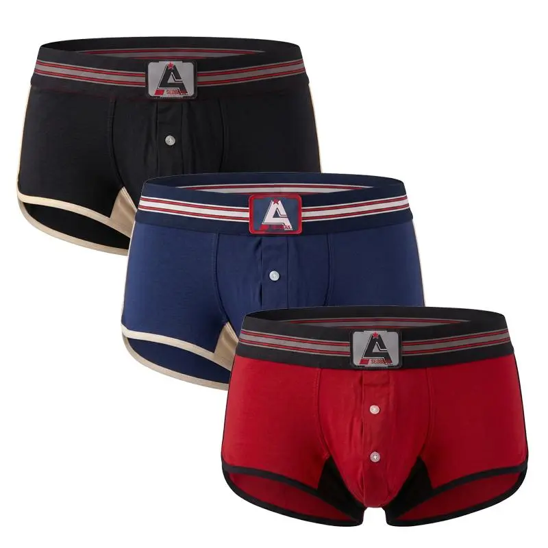 SEOBEAN Menswear Men's Short Fitted Cotton Stretch Trunks, 3 Pack Soft Boxer Briefs with Functional Button Fly, Retro Athletic Stripe Waistband, Contrast Trim, Front Logo Patch & Quality Fabric - a-black+dark blue+blue gray-220207