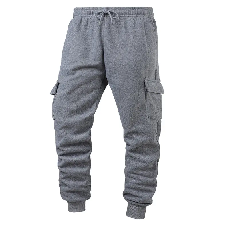 Men’s winter loose cargo casual pants with drawstring, multiple pockets, ribbed cuffs, fleece lining; men’s long street-style athletic pants with ribbed cuffs and a warm inner fleece lining for winter streetwear; multi-pocket sports pants available in var