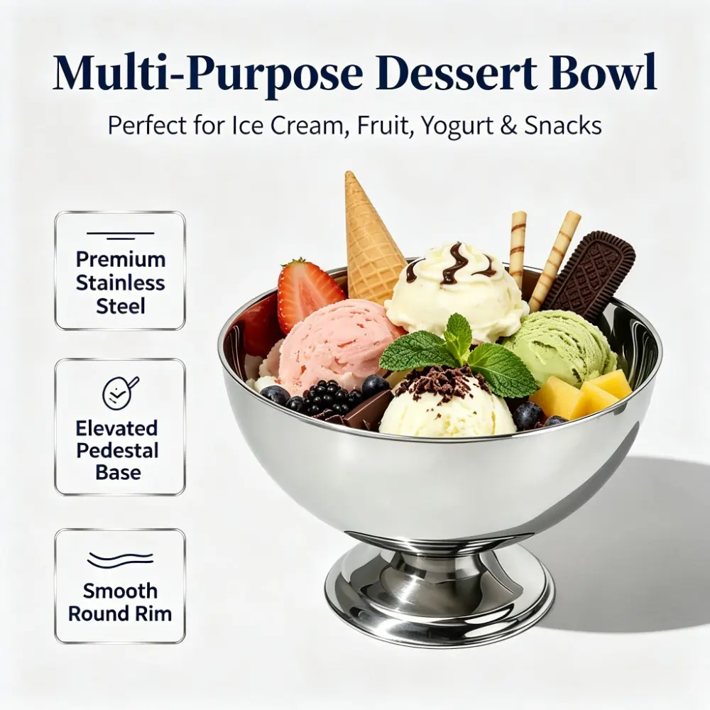 Multipurpose Stainless Steel Ice Cream Dessert Bowl with Small Fork, Elevated Base Serving Cup for Yogurt Fruit Snack Party Daily Use