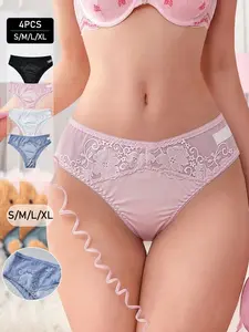 4 Pcs Women's Satin Lace Mesh Underwear, Sexy Plain Fitted Casual Undergarments, All-Seasons High-Waisted Bottoms, Elegant Design, Panties