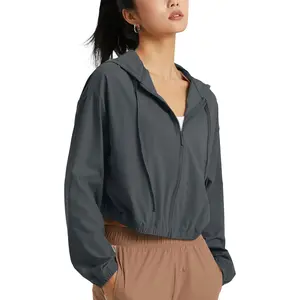 UPF 50+ Sun Protection Cropped Jackets Zip Up Cooling Shirt Athletic Workout Running Hoodie