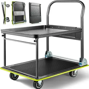 Heavy Duty Push Cart  (700 lbs), Foldable Platform Hand  Made with High-Strength Steel, 2 Tier Design, Moving Flatbed Cart with Wheels for Warehouse, Garage, Workshop, Office