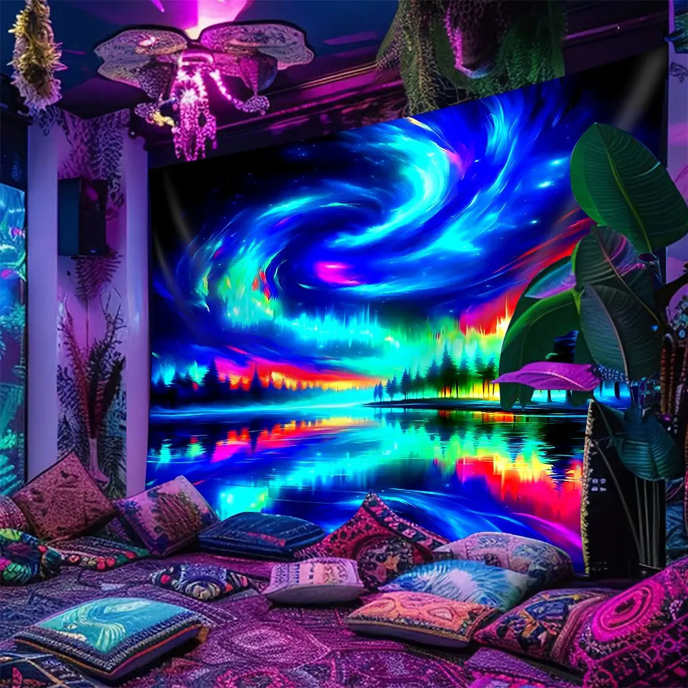 Enchanted Forest Lake UV Glow Wall Tapestry - Blacklight Neon Aurora Dorm Decoration Gift For Her Boho Lover Glow In The Dark