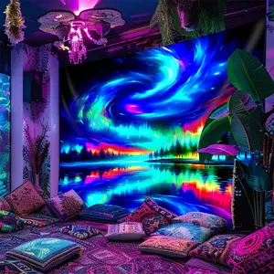 Enchanted Forest Lake UV Glow Tapestry Wall Mural - Blacklight Neon Aurora Dorm Decor Home Bedroom Decor Gift For Her Boho Lover