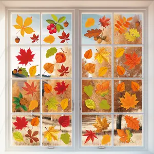 9 sheets Fall Window Gel Clings, Reusable Autumn Maple Leaves Thick Gel Clings Decals Thanksgiving Window Stickers for Kids Classroom Toddlers Home Party Supplies Window Glass Decorations