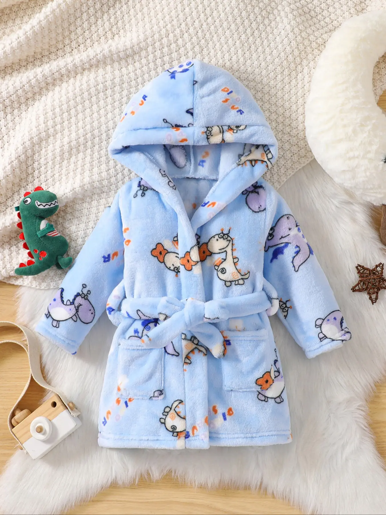 Cute Hooded Sleepwear for Kids Boys Girls, Dinosaur Bear Unicorn Floral Print Soft Bathrobe Home Clothes, Fits Ages 6 Months to 8 Years