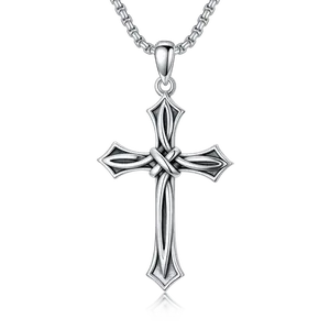 MEIDERBO Oxidized Silver Cross Necklace for Men 925 Sterling Silver Rustic Vintage Pendant Stainless Steel Bead Chain 22+2 Inch Adjustable Christian Jewelry