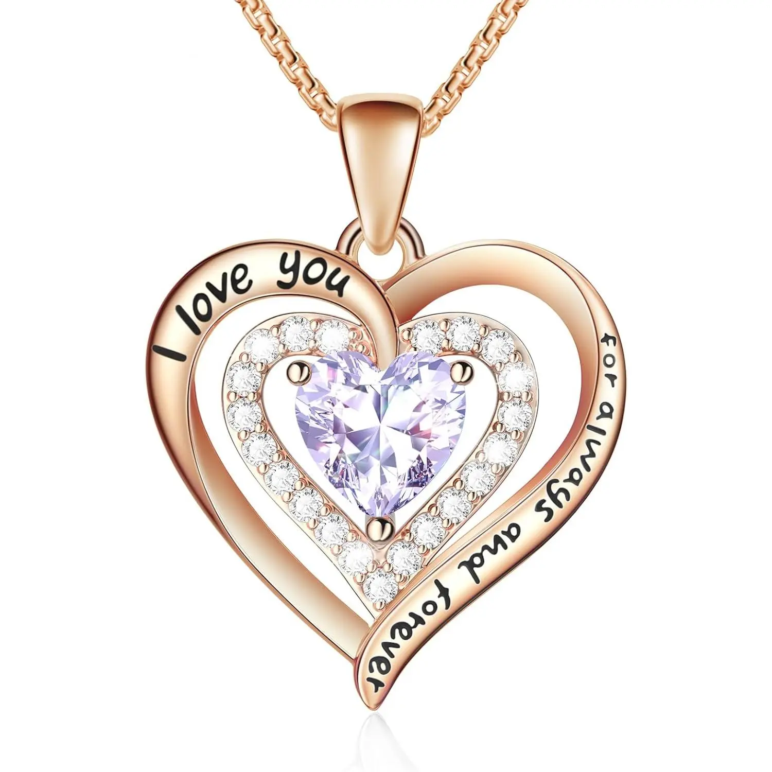 Rose Gold and 18K White Gold Heart Necklace for Women - I Love You Always and Forever with Heart Pendant and Bezel