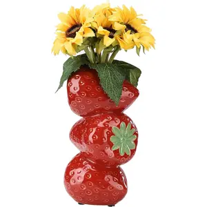 BestAlice Strawberry Vase for Flowers, Cute Ceramic Decorative Vase, Vintage Inspired Strawberry Vase, Creative Fruit Strawberry Flower Arrangement for Home Kitchen Decorations(Red, 3x8inch)