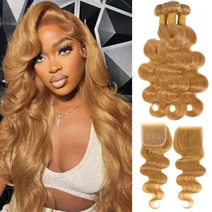 ANMETAN 12A Honey Blonde Body Wave Human Hair Bundles with HD Lace Closure, Color #27 Sun-kissed Vibe Golden Blonde 3 Bundles with HD Transparent Closure Soft Thick Sew In Weave Wavy