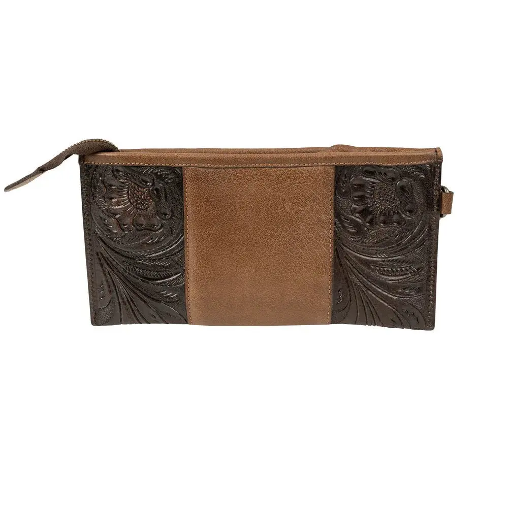 STS Ranchwear Women's Hand-Tooled Genuine Leather Clutch - Slender Western Boho Wristlet Wallet with Zipper, Rich Tones, Western Charm, Spacious for Evening or Casual Use, Tooling