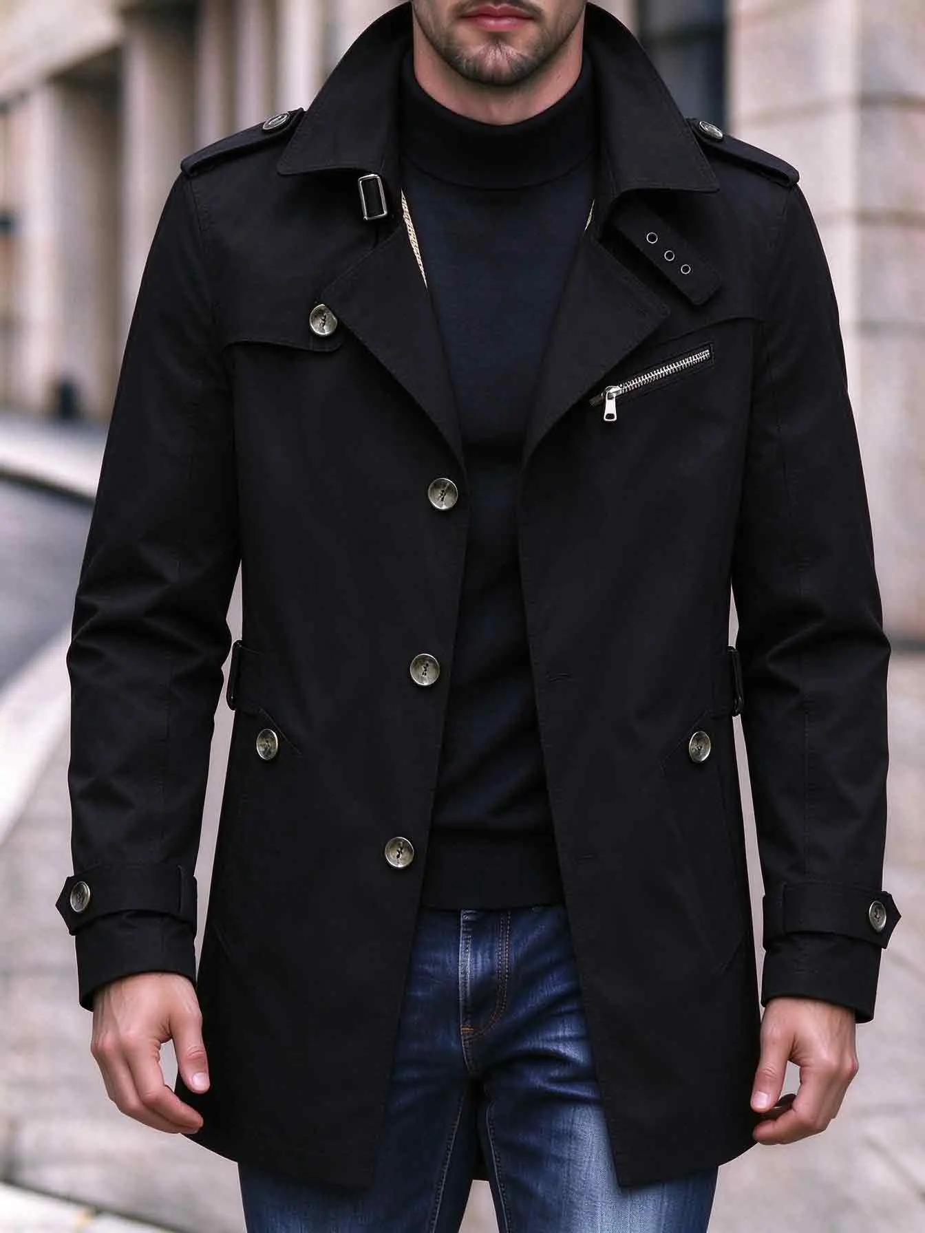 Men’s mid-length trench coat with a turn-down collar for spring and autumn, European and American-style single-breasted workwear jacket, casual and comfortable outerwear with multiple buttons, versatile commuter overcoat suitable for office and everyday w