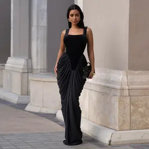 Women Velvet Stacked Ruched Sleeveless Bodycon Long Maxi Dresses 2026 Fall Party Trendy Birthday Evening Dress