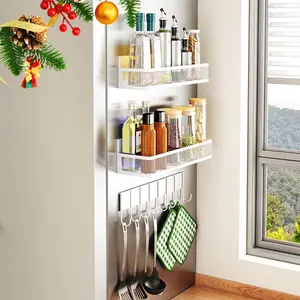 NW3Lbs Christmas Gift 2 Pack/3 Pack Magnetic Spice Rack Shelf for Refrigerator - Strong Magnetic Shelf with Hangers for Jars, Bottle, and Cooking Organisers Kitchen Organization Canister