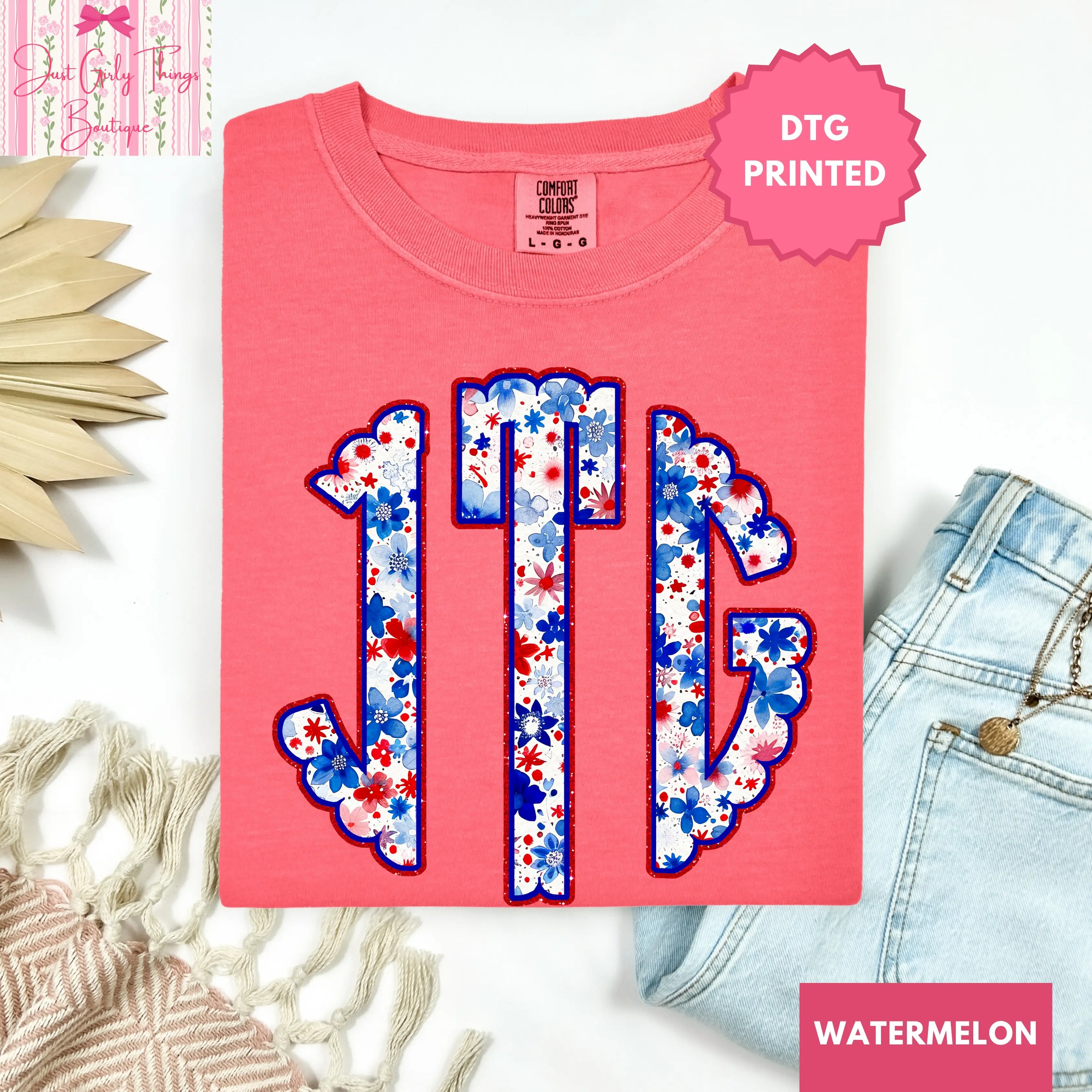 Custom Grandmillennial Floral Fourth of July Monogram Shirt ~ (Leave First Name Initial, Last Name Initial, Middle Name Initial in Notes at Checkout), Custom Name Shirt, Personalized Name Shirt, Custom Monogram Shirt, Floral Monogrammed Shirt
