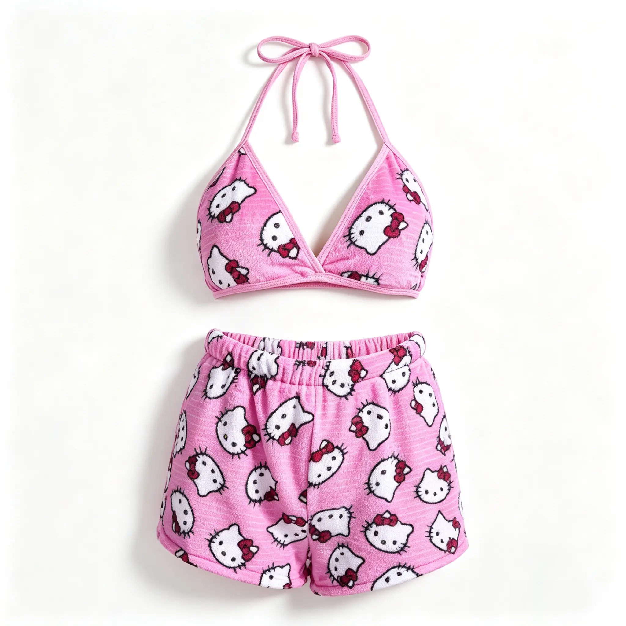 Sanrio Hello Kitty Fuzzy Bikini‑Style Pajama Set Soft Plush 2‑Piece Home Sleep Loungewear for Women Girls