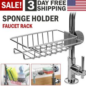 Kitchen Sink Caddy Organizer Over Faucet Sponge Holder, Stainless Steel Heavy Duty Thickening Hanging Faucet Drain Rack for Scrubbers, Soap, Bathroom, Detachable No Suction Cup or Magnet