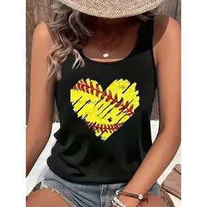 Plus Size Women'S Softball Heart Print Sleeveless Vest Tank Top With Breathable Polyester Fabric And Baseball Graphic Design, Casual Summer Wear Perfect For Outdoor Sports, Games, And Everyday Activities