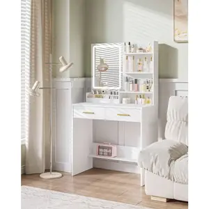 Vanity Desk With Mirror And Light, Makeup Vanity With Power Outlet, Drawers, Open 3 Storage Shelves And 2 Compartments, 3 Color Modes Dressing Table With 2 Drawers For Bedroom, Christmas Gifts, White