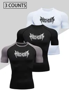Men's 3-Piece Compression T-Shirt Set - Quick-drying, breathable, moisture-wicking, slim-fit, crew neck, summer knit fabric, printed design, suitable for fitness, running, golf, and everyday wear, outdoor sportswear, fashionable athletic style.